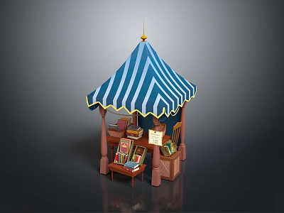 Modern Wooden Book Stall With Blue White Striped Canopy And Books 3d model