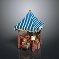 Modern Wooden Book Stall With Blue White Striped Canopy And Books