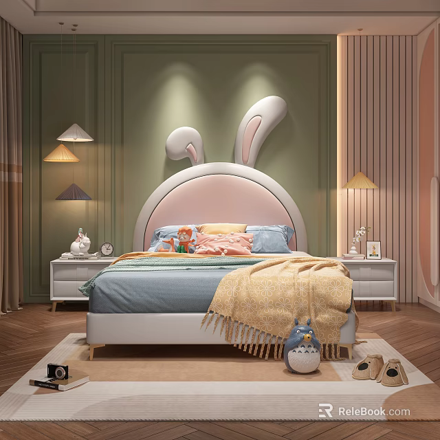 Adorable Kids Room Featuring Rabbit Ear Headboard Green Walls Blue Quilt Yellow Blanket 3d model 
