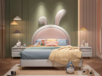 Adorable Kids Room Featuring Rabbit Ear Headboard Green Walls Blue Quilt Yellow Blanket 3d model