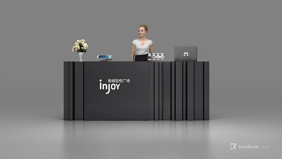 Modern Black Reception Desk With Flower Vase Tablet And Woman Standing 3d model 