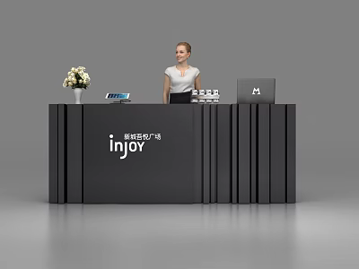 Modern Black Reception Desk With Flower Vase Tablet And Woman Standing 3d model