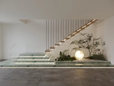 Modern Staircase Interior With White Walls Steps Green Plants And Round Light 3d model