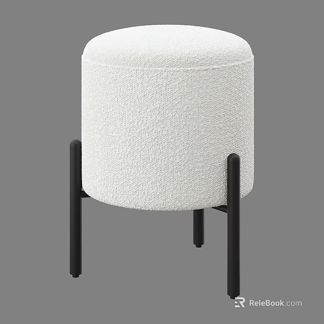 White Textured Fabric Stool With Modern Black Metal Legs For Home Decor 3d model 