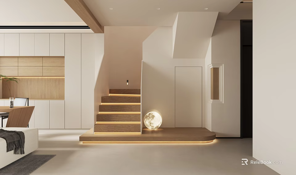 Minimalist Modern Interior Design With Wooden Stairs Step Lighting And Round Fixture 3d model 