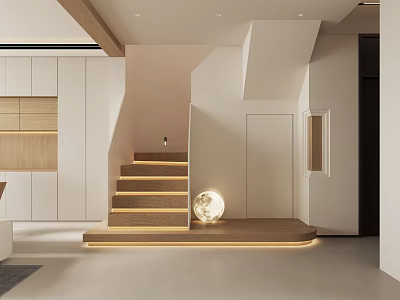 Minimalist Modern Interior Design With Wooden Stairs Step Lighting And Round Fixture 3d model