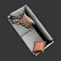 Light Gray Sofa With Light Colored Pink Ruffled And Red Pillows And Button Tufted Backrest 3d model