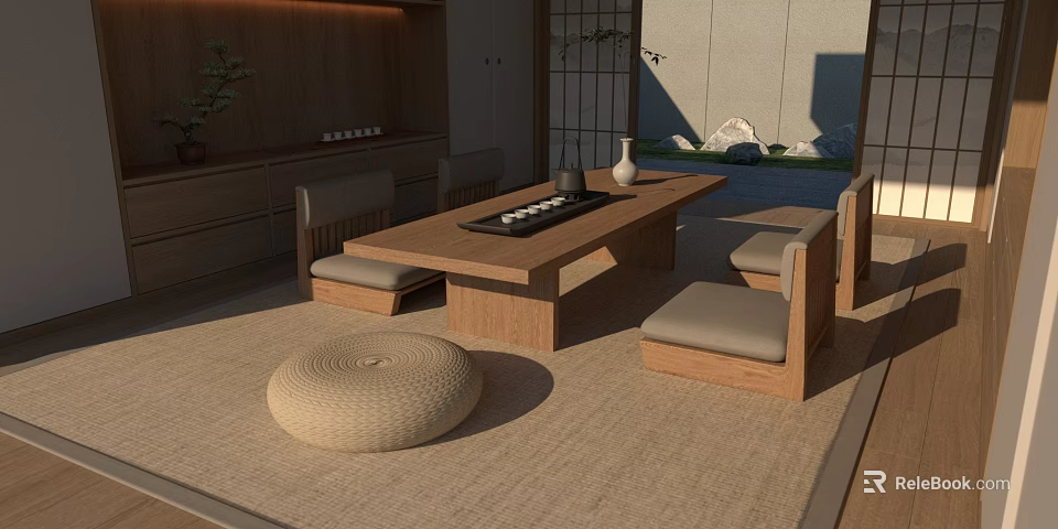 Japanese Style Reception Room Interior With Wooden Tea Table Tatami Mat And Decorative Cushions 3d model 
