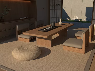 Japanese Style Reception Room Interior With Wooden Tea Table Tatami Mat And Decorative Cushions 3d model