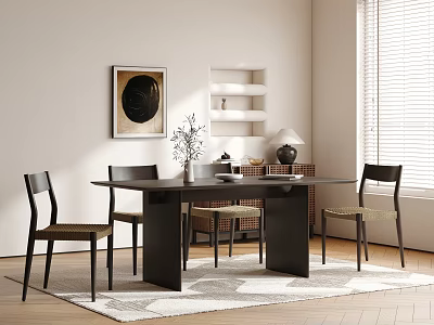 Modern Dark Dining Table Set With Four Woven Seat Chairs And Vase Plant 3d model