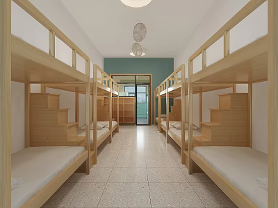 Simple Dormitory Room Interior With Wooden Bunk Beds White Walls And Ceiling Fans 3d model