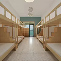 Simple Dormitory Room Interior With Wooden Bunk Beds White Walls And Ceiling Fans