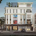White Three Story Detached Villa With Balconies Greenery Large Windows Front Porch And Trees