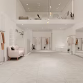 Modern Clothing Store With White Walls Metal Racks Hanging Clothes Pink Sofa And Arched Shelf