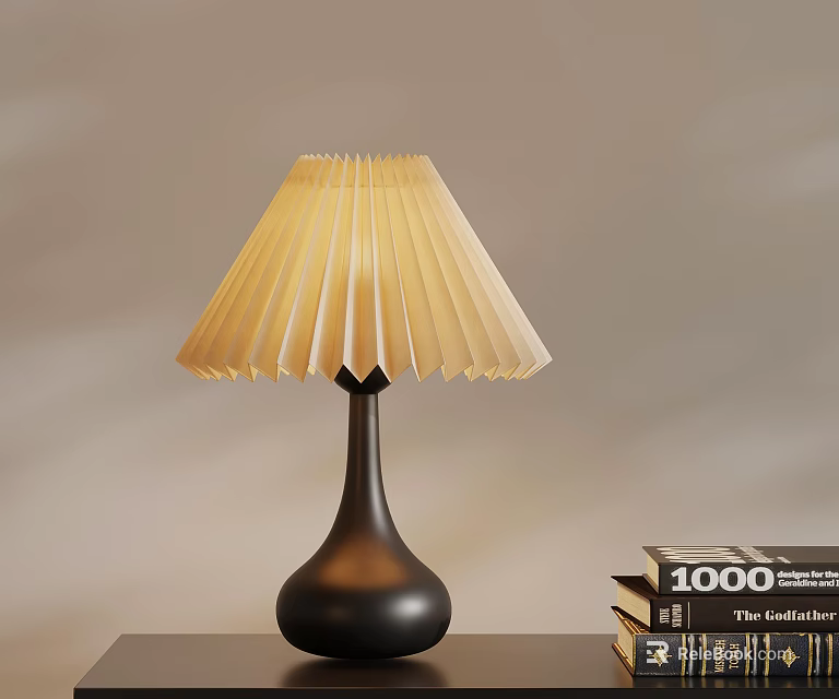 Modern Table Lamp With Pleated Lampshade Black Base And Stack Of Books 3d model 