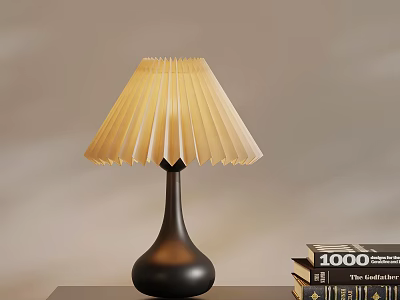 Modern Table Lamp With Pleated Lampshade Black Base And Stack Of Books 3d model