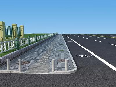 Urban Road Infrastructure With Bike Lane Sidewalk And Safety Railings 3d model