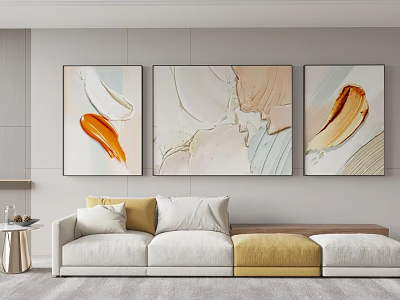 Modern Minimalist Living Room Featuring Three Abstract Paintings Sofa Throw Pillows And Side Table 3d model