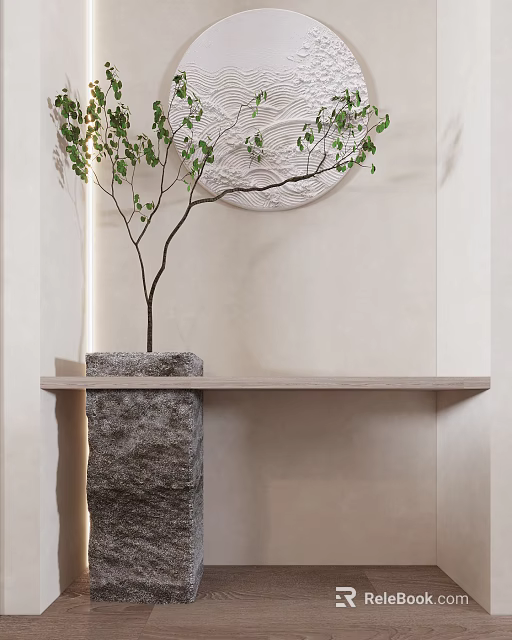 Natural Style Console Table With Stone Base Wooden Top Small Tree And Circular Wall Art 3d model