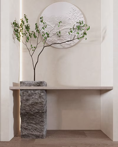 Natural Style Console Table With Stone Base Wooden Top Small Tree And Circular Wall Art 3d model