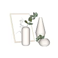 White Ribbed Vases With Green Eucalyptus Leaves And Line Art Frame For Home Decor