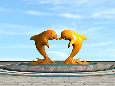 Orange Dolphin Sculpture Forming Heart Shape With Stone Base Outdoor 3d model