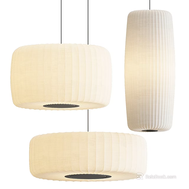 Cream Colored Striped Fabric Pendant Lights With Round And Cylindrical Shapes For Interior Decor 3d model 