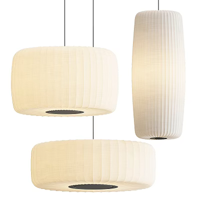 Cream Colored Striped Fabric Pendant Lights With Round And Cylindrical Shapes For Interior Decor 3d model