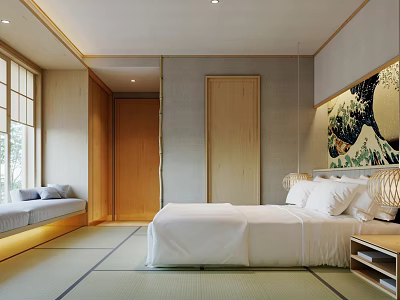 Japanese Style Hotel Guest Room Featuring Tatami Flooring King Size Bed Natural Light And Decorative Art 3d model