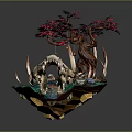 Cartoon Fantasy Scene With Pink Trees Tree Roots Stone Steps Crocodile Skull And Colorful Ground