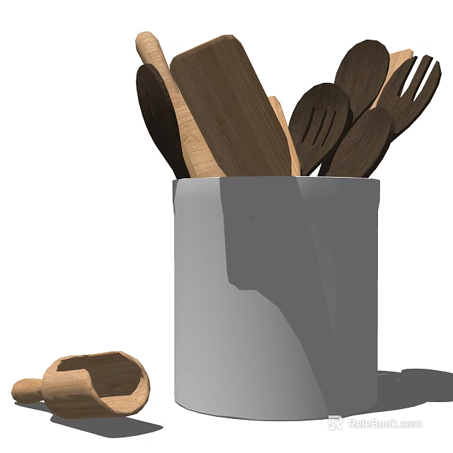 Assorted Wooden Kitchen Utensils in Gray Container with Cooking Tools 3d model 
