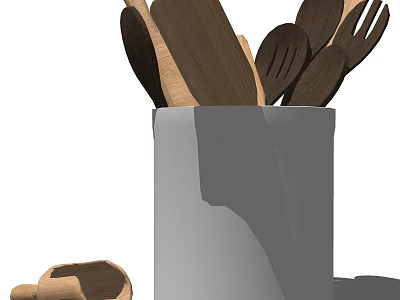 Assorted Wooden Kitchen Utensils in Gray Container with Cooking Tools 3d model