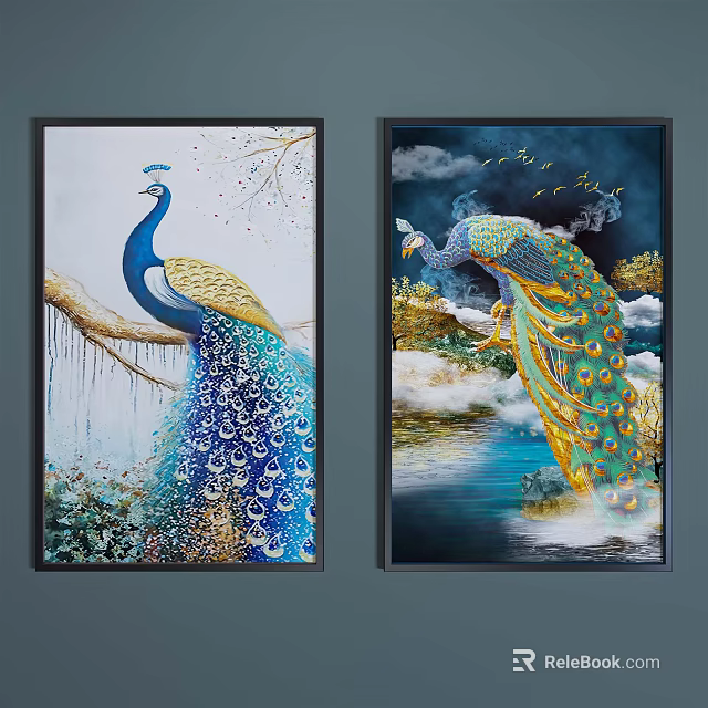 Vibrant Peacock Animal Paintings With Blue Feathers Branch Clouds And Water Elements 3d model 