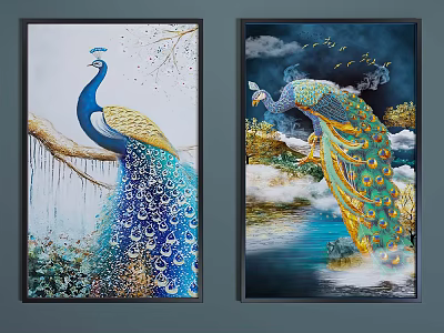 Vibrant Peacock Animal Paintings With Blue Feathers Branch Clouds And Water Elements 3d model