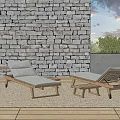 Outdoor Wooden Lounge Chairs With Light Cushions By Stone Wall And Woven Rug