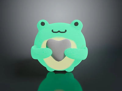 Cute Green Reptile Figurine Holding Heart Shape On Gray Background With Reflection 3d model