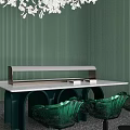 Hotel Public Lounge Area With Green Striped Walls White Marble Table And Transparent Glass Chairs