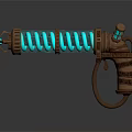 Steampunk Style Weapon With Coiled Blue Glowing Energy And Metallic Components