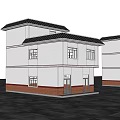 Two Story Detached Villa With White Exterior Red Brick Base And Dark Roof