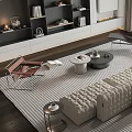 Modern Beige Rust Upholstered Sofa And Coffee Table Set With Area Rug In Living Room