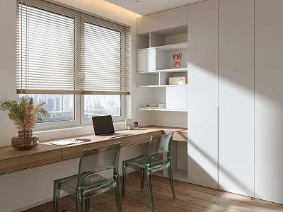 Modern Home Office Interior Design With Wooden Desk Laptop Transparent Chairs White Bookshelves And Blinds 3d model