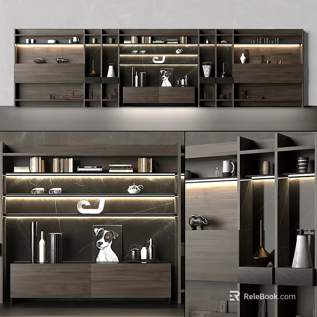 Modern Bookcase Design With Wooden Shelves Books And Decorative Items 3d model 