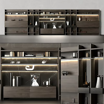 Modern Bookcase Design With Wooden Shelves Books And Decorative Items 3d model