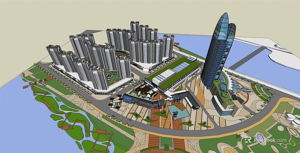 Modern Urban Architecture With Tall Buildings Green Spaces And Water Features 3d model 