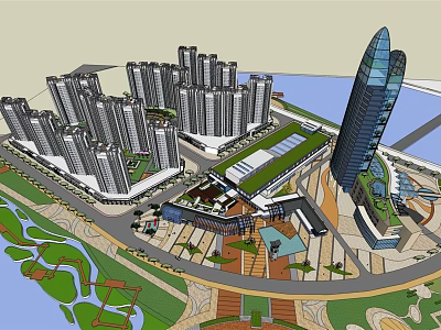 Modern Urban Architecture With Tall Buildings Green Spaces And Water Features 3d model