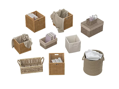 Rattan Woven Storage Baskets for Home Organization with Towels and Books 3d model