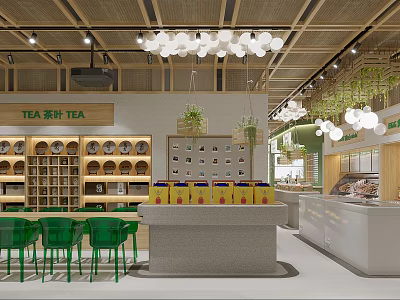 Modern Tea Shop Interior Featuring Tea Sets Green Chairs Pendant Lights And Tea Products 3d model