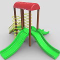 Outdoor Playground Equipment With Red Roof Yellow Ladder Green Slides And Brown Pillars