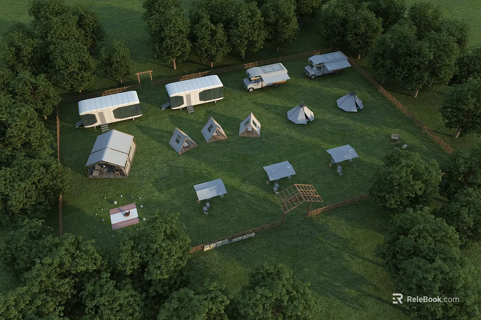 Open Scenic Garden Landscape With Caravans Tents Tables And Lush Surrounding Trees 3d model 