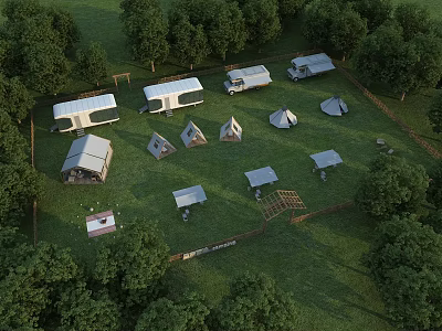 Open Scenic Garden Landscape With Caravans Tents Tables And Lush Surrounding Trees 3d model